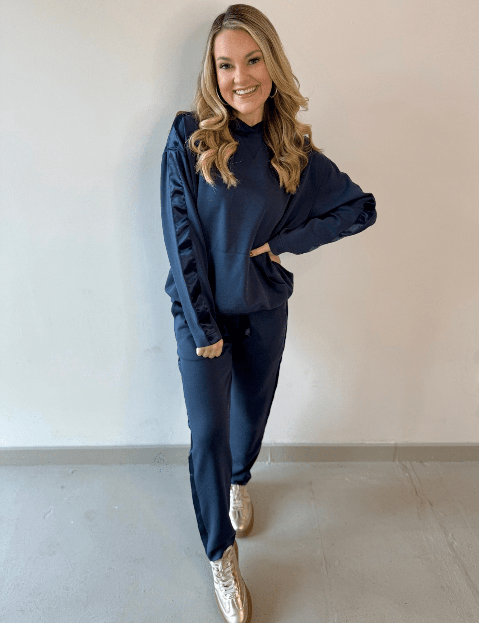 Contrast Satin Top & Pant Set - Navy
