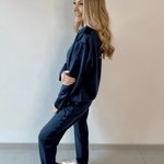 Contrast Satin Top & Pant Set - Navy