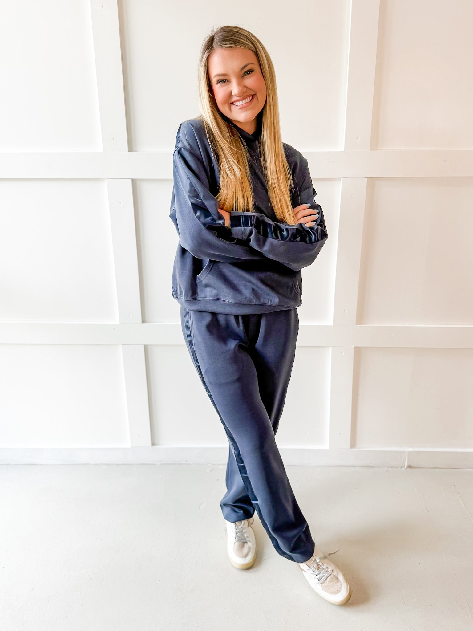 Contrast Satin Top & Pant Set - Navy