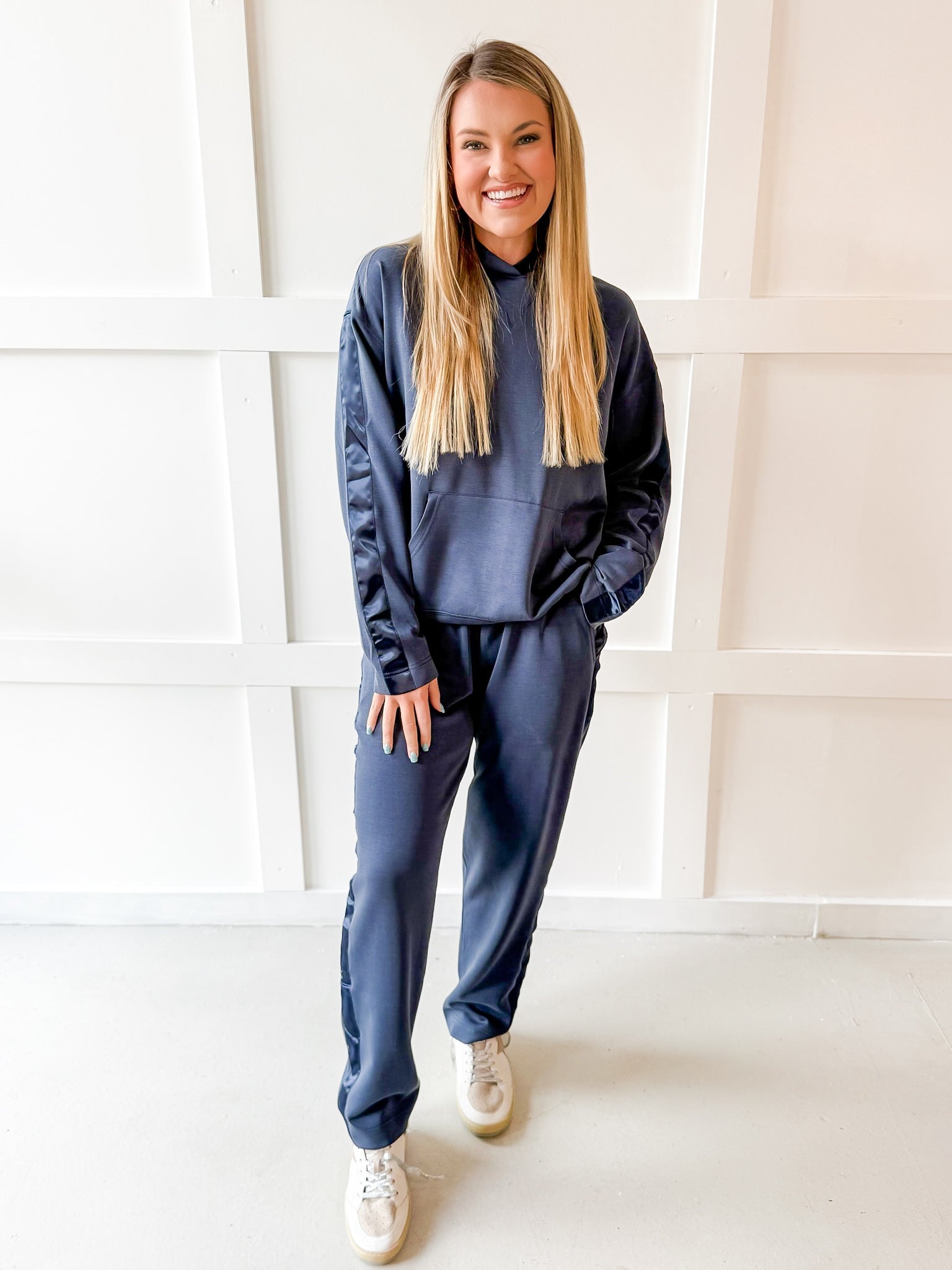 Contrast Satin Top & Pant Set - Navy