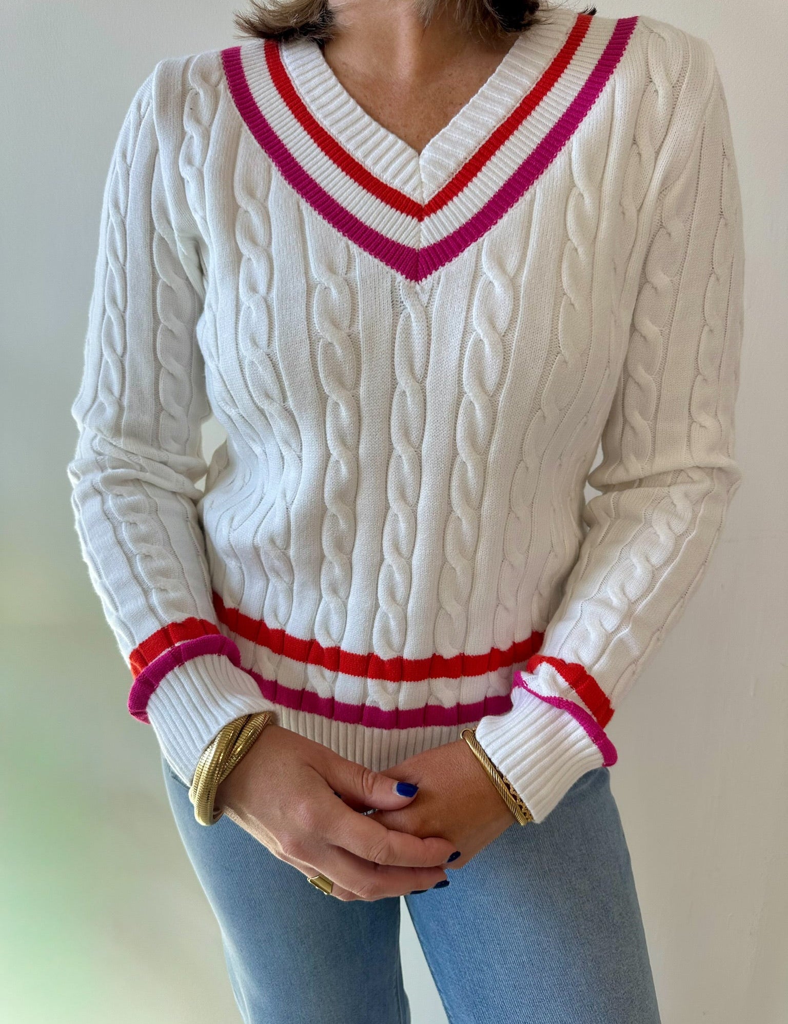 Contrast Stripe Cable Knit Sweater