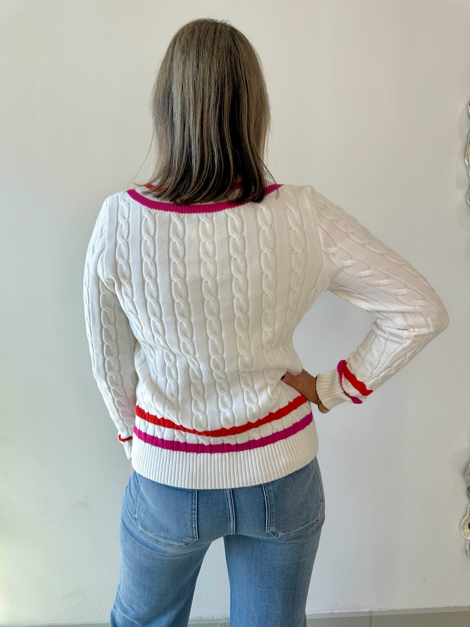 Contrast Stripe Cable Knit Sweater