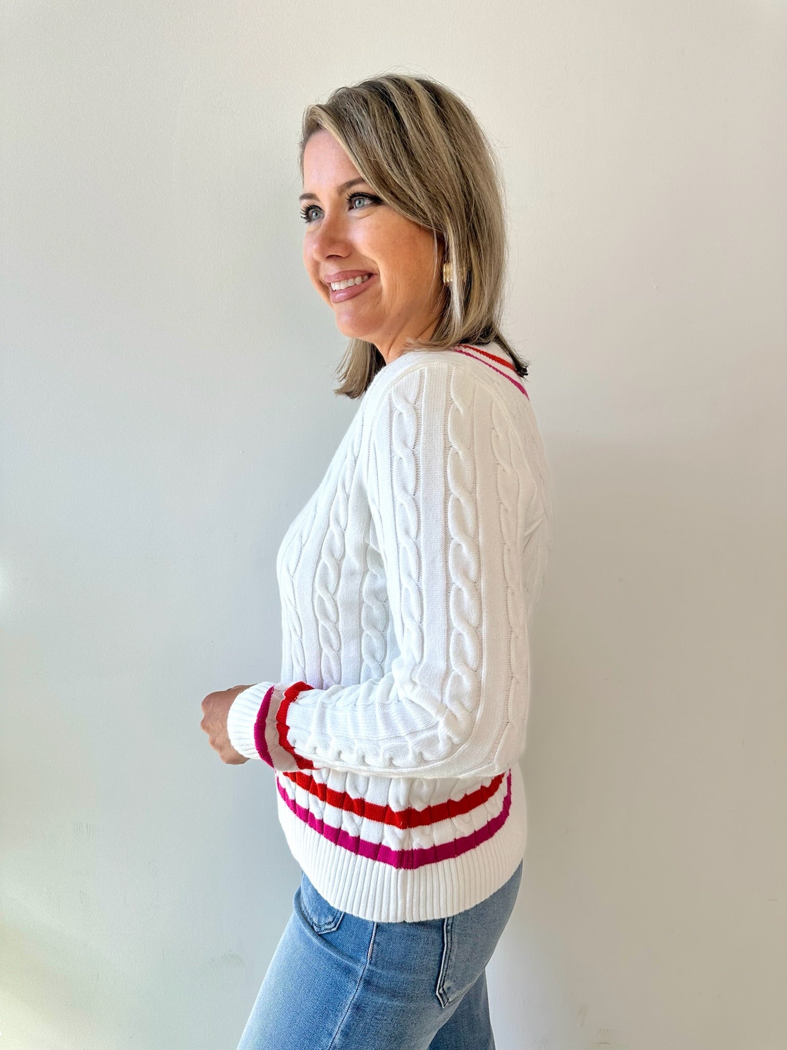 Contrast Stripe Cable Knit Sweater