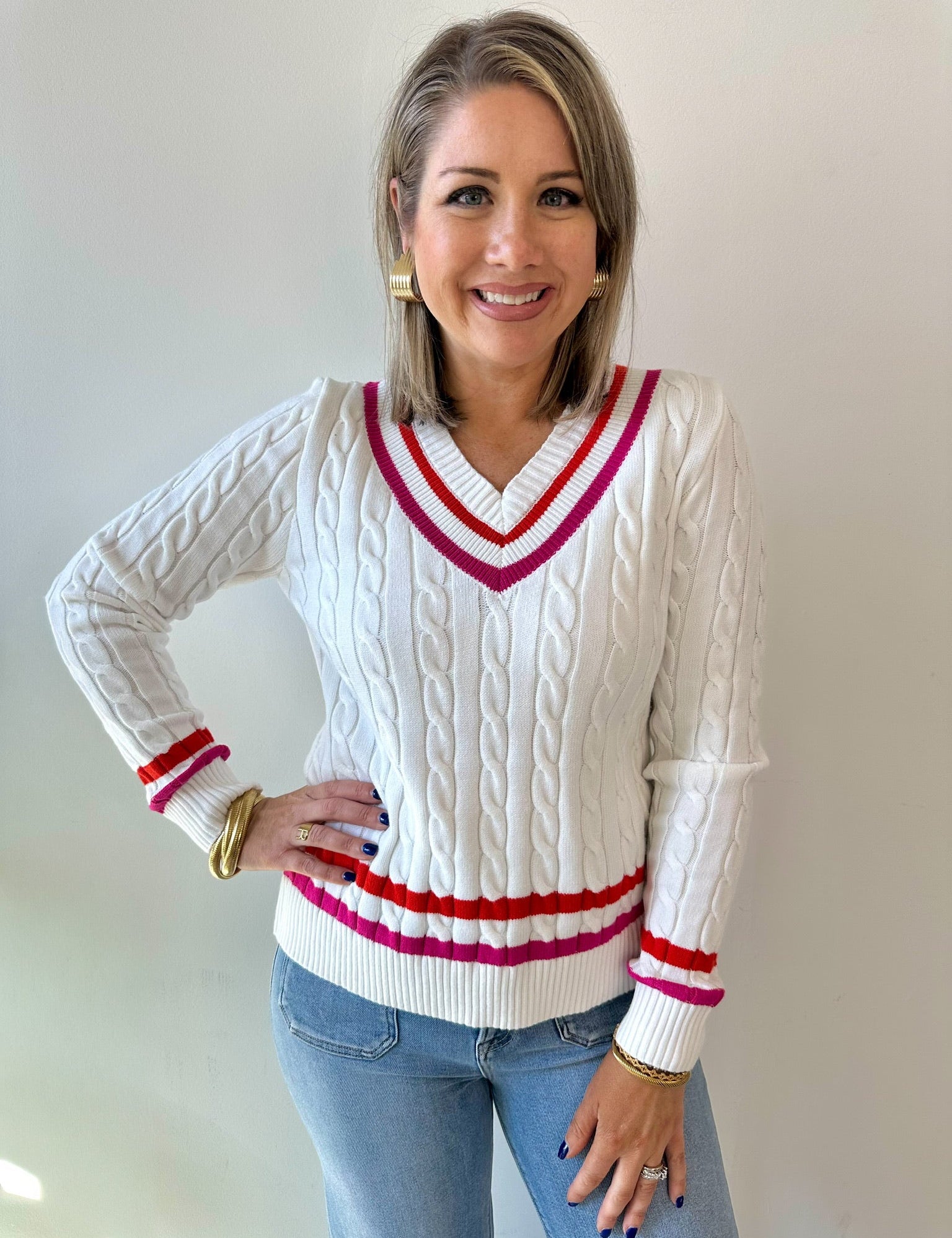 Contrast Stripe Cable Knit Sweater