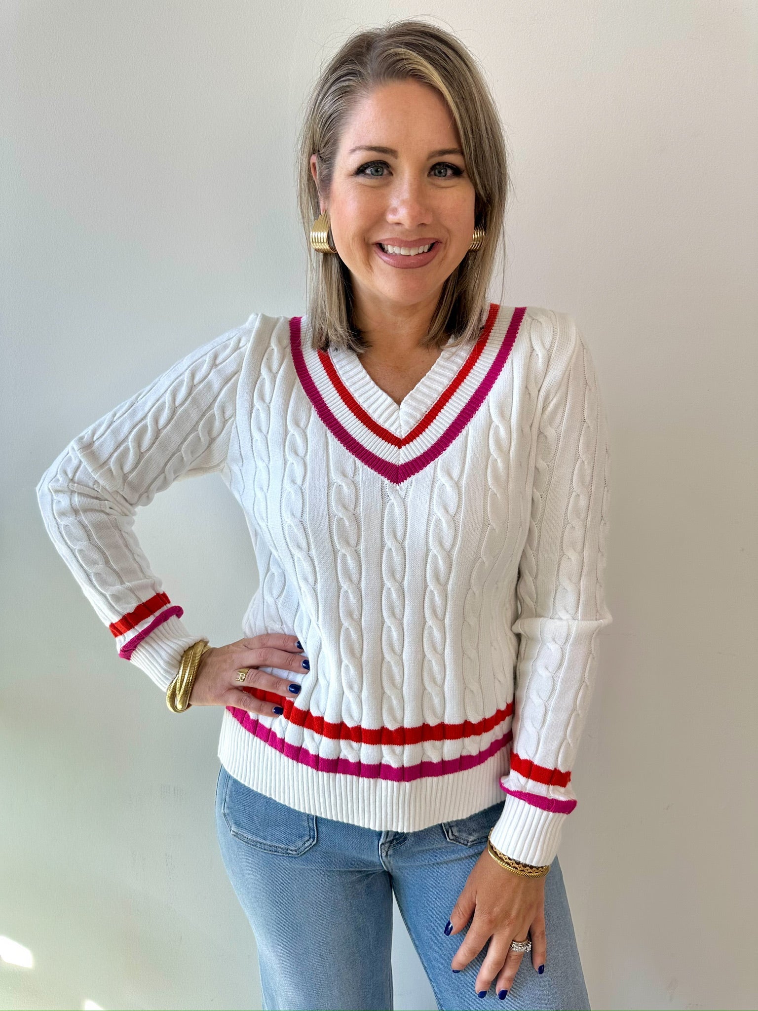 Contrast Stripe Cable Knit Sweater