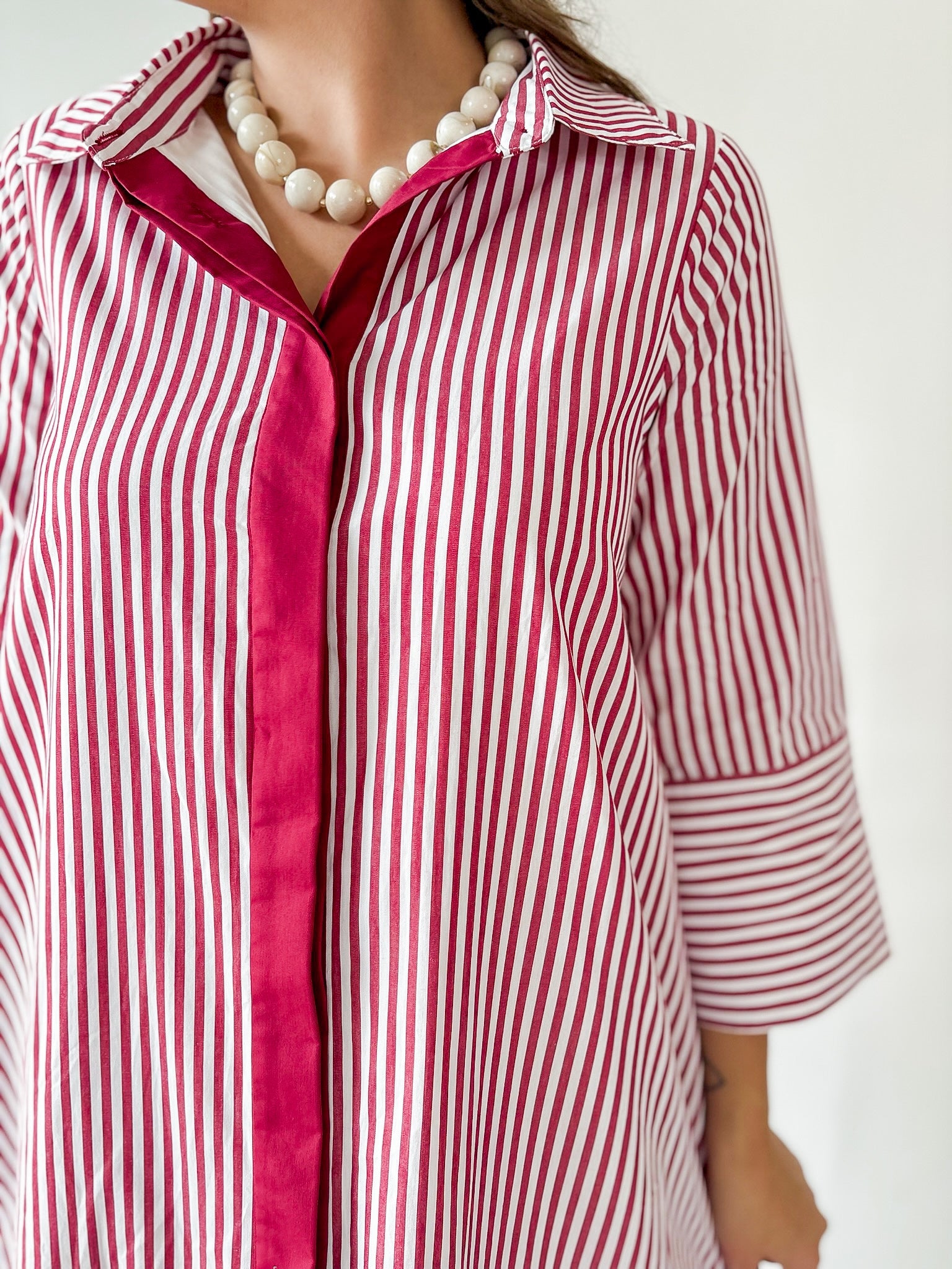 Contrast Striped Midi Shirt Dress - Crimson