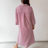Contrast Striped Midi Shirt Dress - Crimson