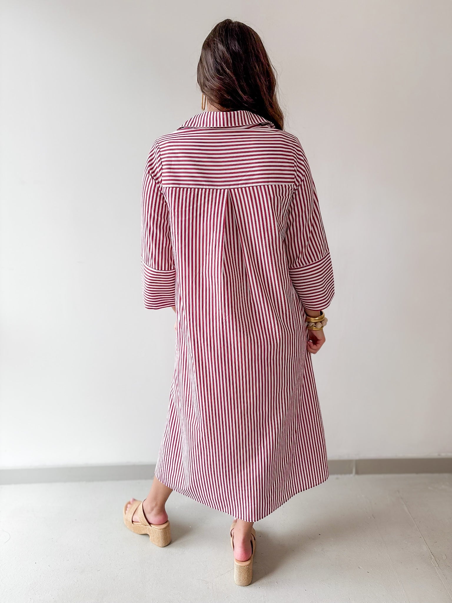 Contrast Striped Midi Shirt Dress - Crimson