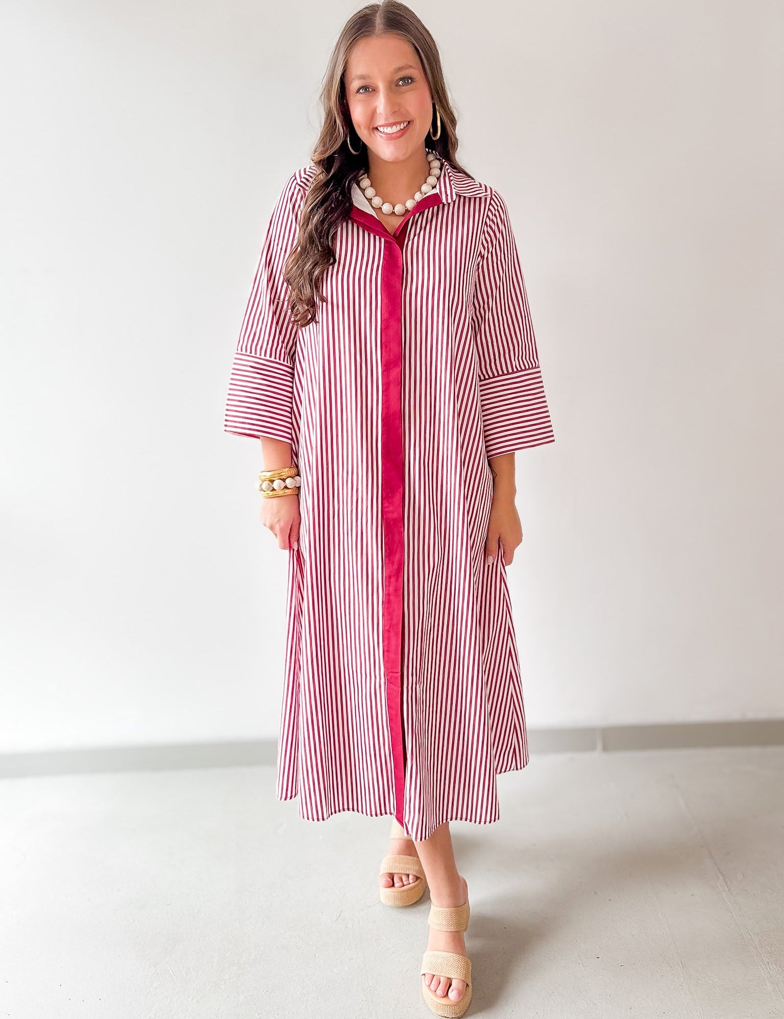 Contrast Striped Midi Shirt Dress - Crimson