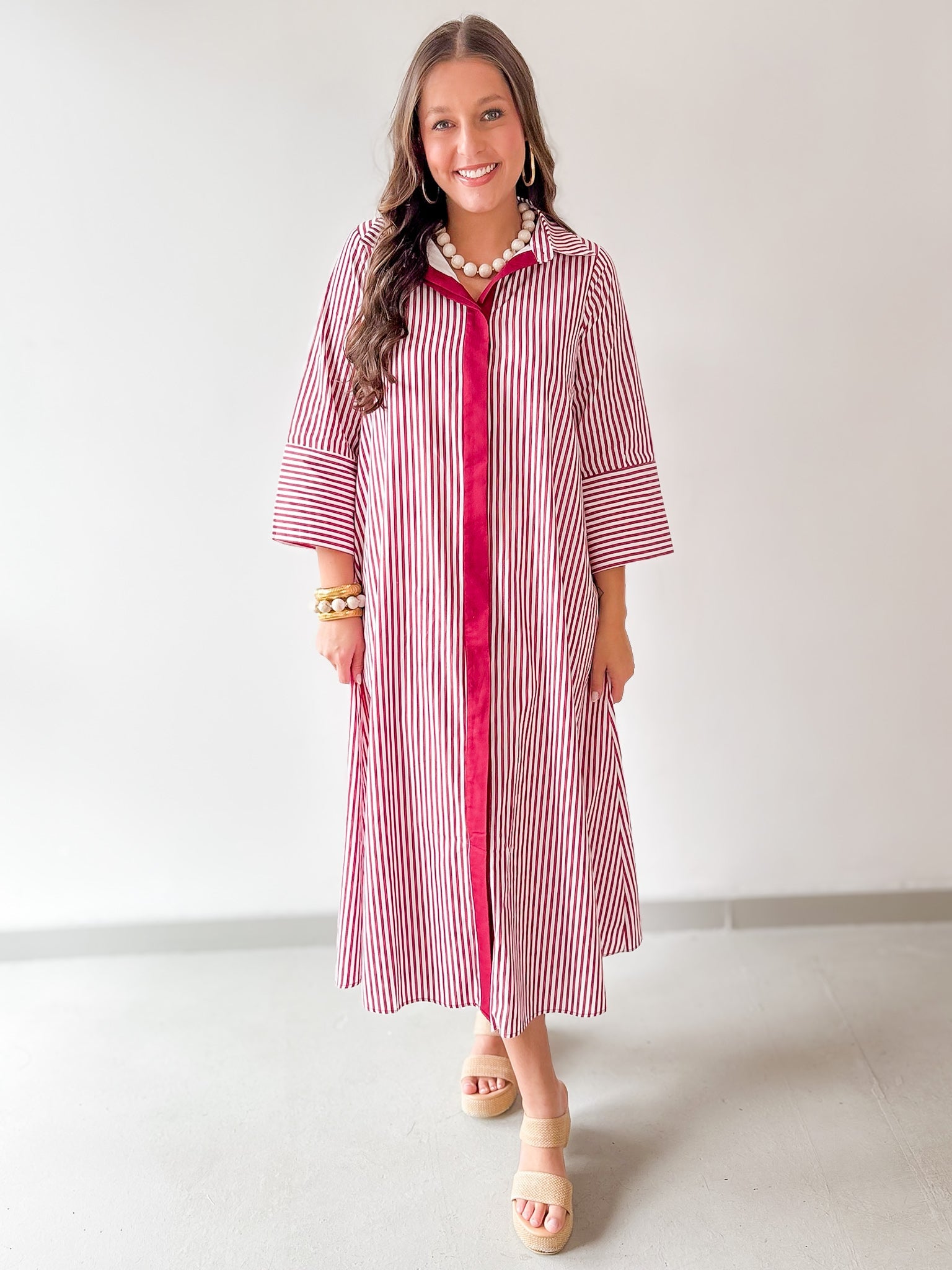Contrast Striped Midi Shirt Dress - Crimson