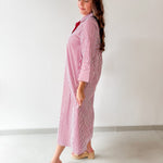 Contrast Striped Midi Shirt Dress - Crimson