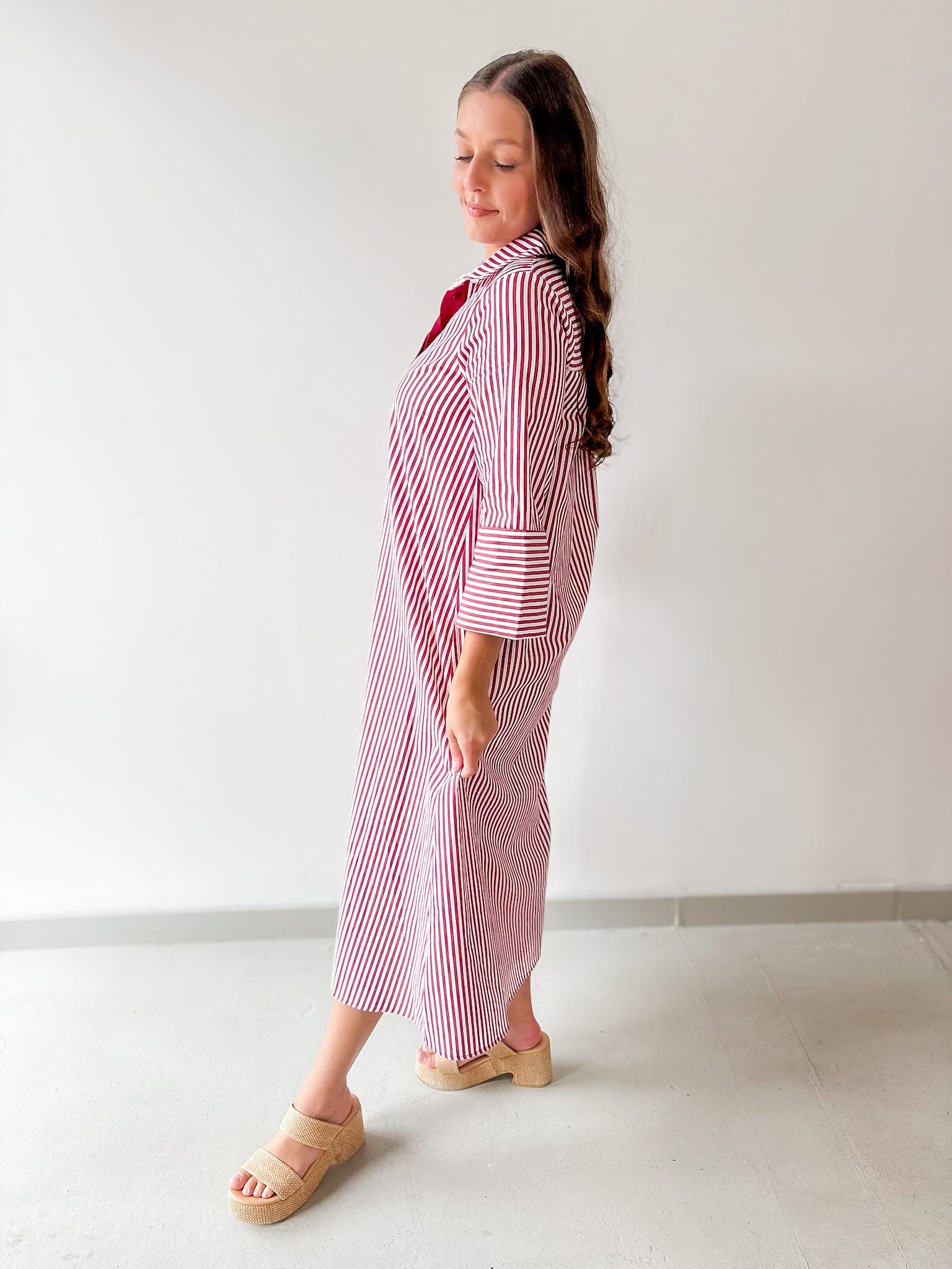 Contrast Striped Midi Shirt Dress - Crimson