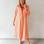 Contrast Striped Midi Shirt Dress - Orange