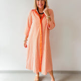 Contrast Striped Midi Shirt Dress - Orange