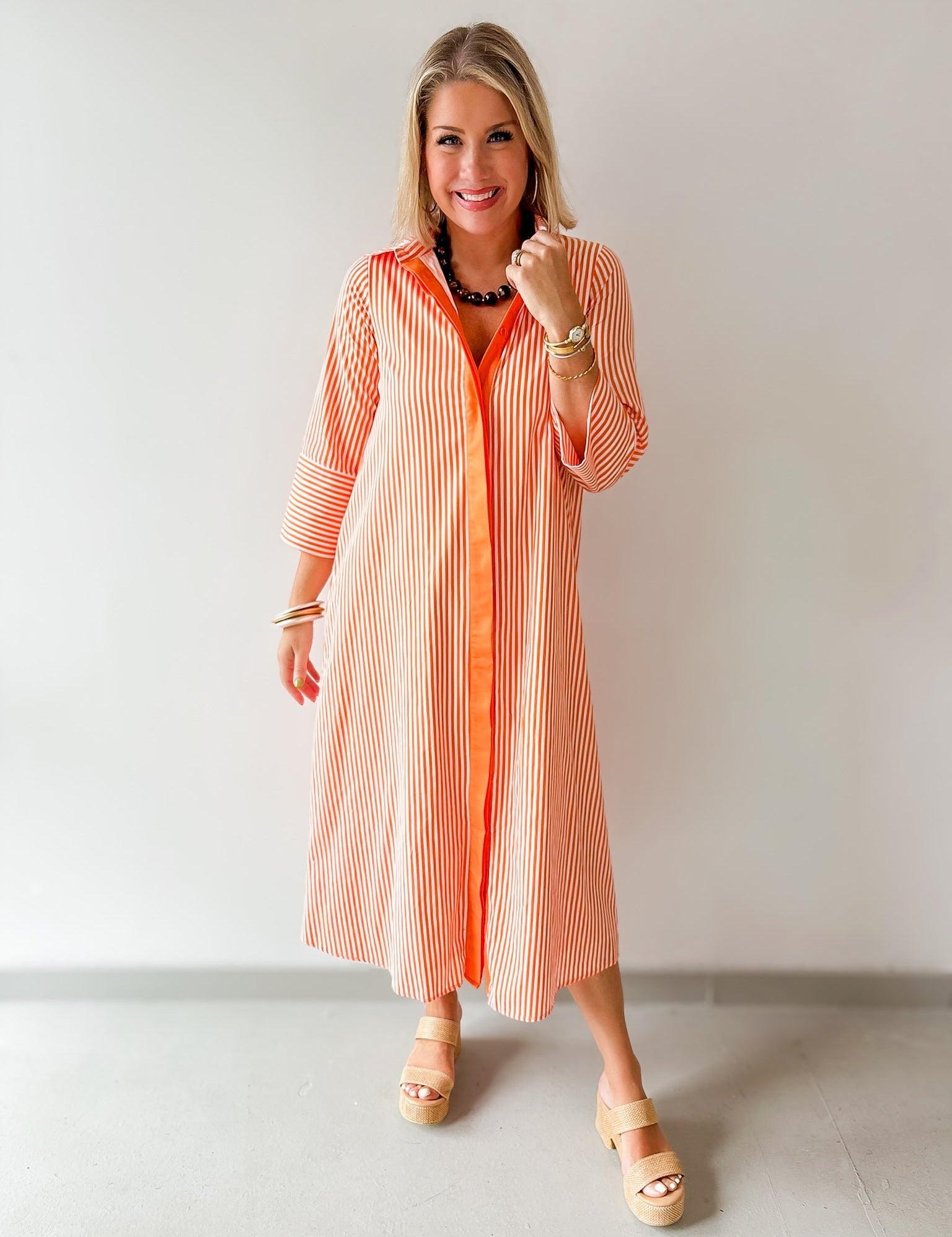 Contrast Striped Midi Shirt Dress - Orange