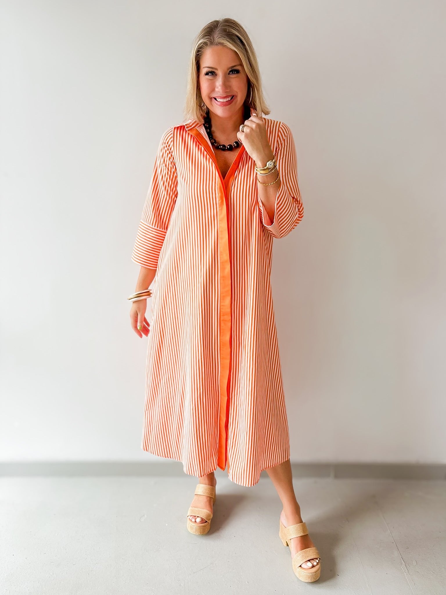 Contrast Striped Midi Shirt Dress - Orange