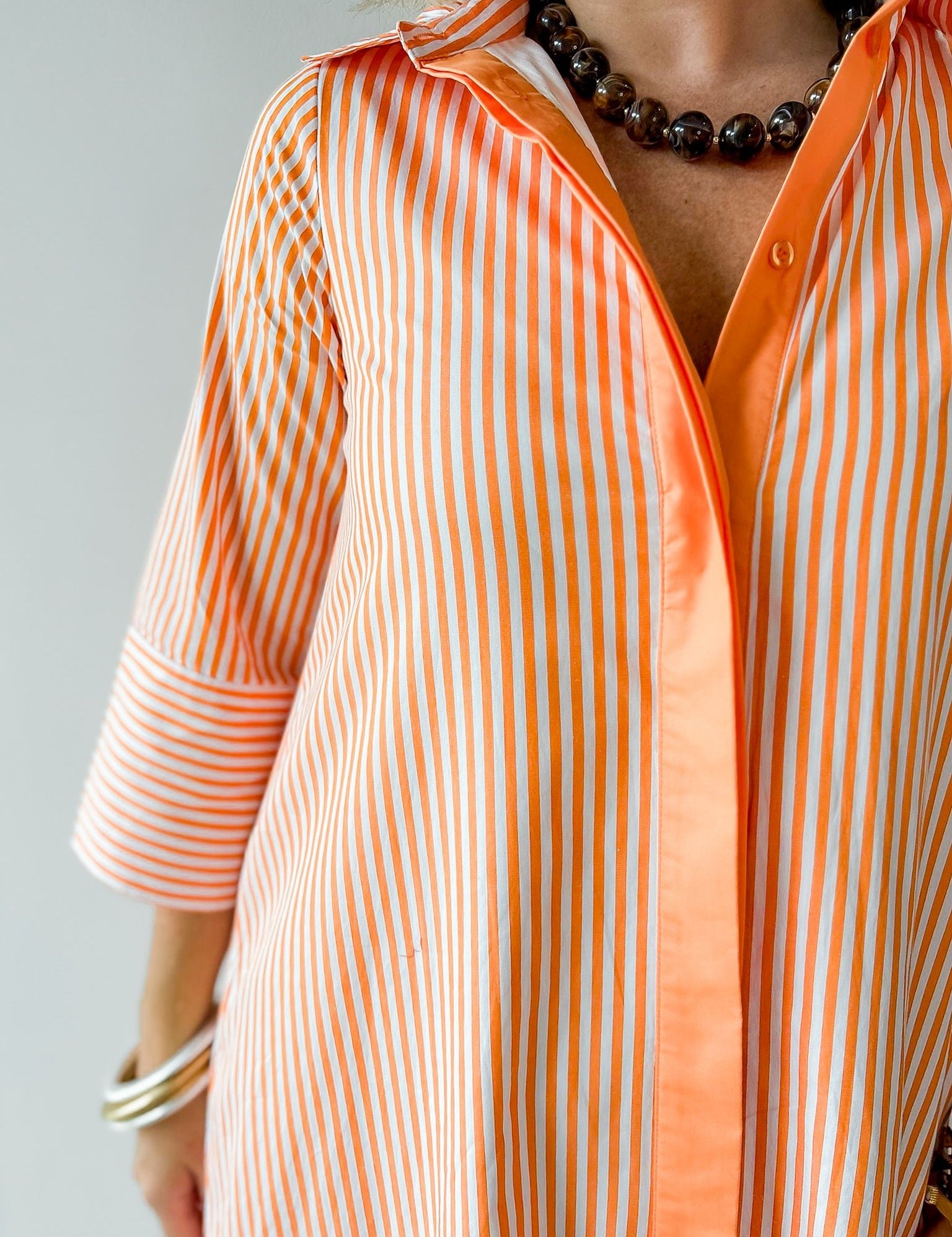 Contrast Striped Midi Shirt Dress - Orange