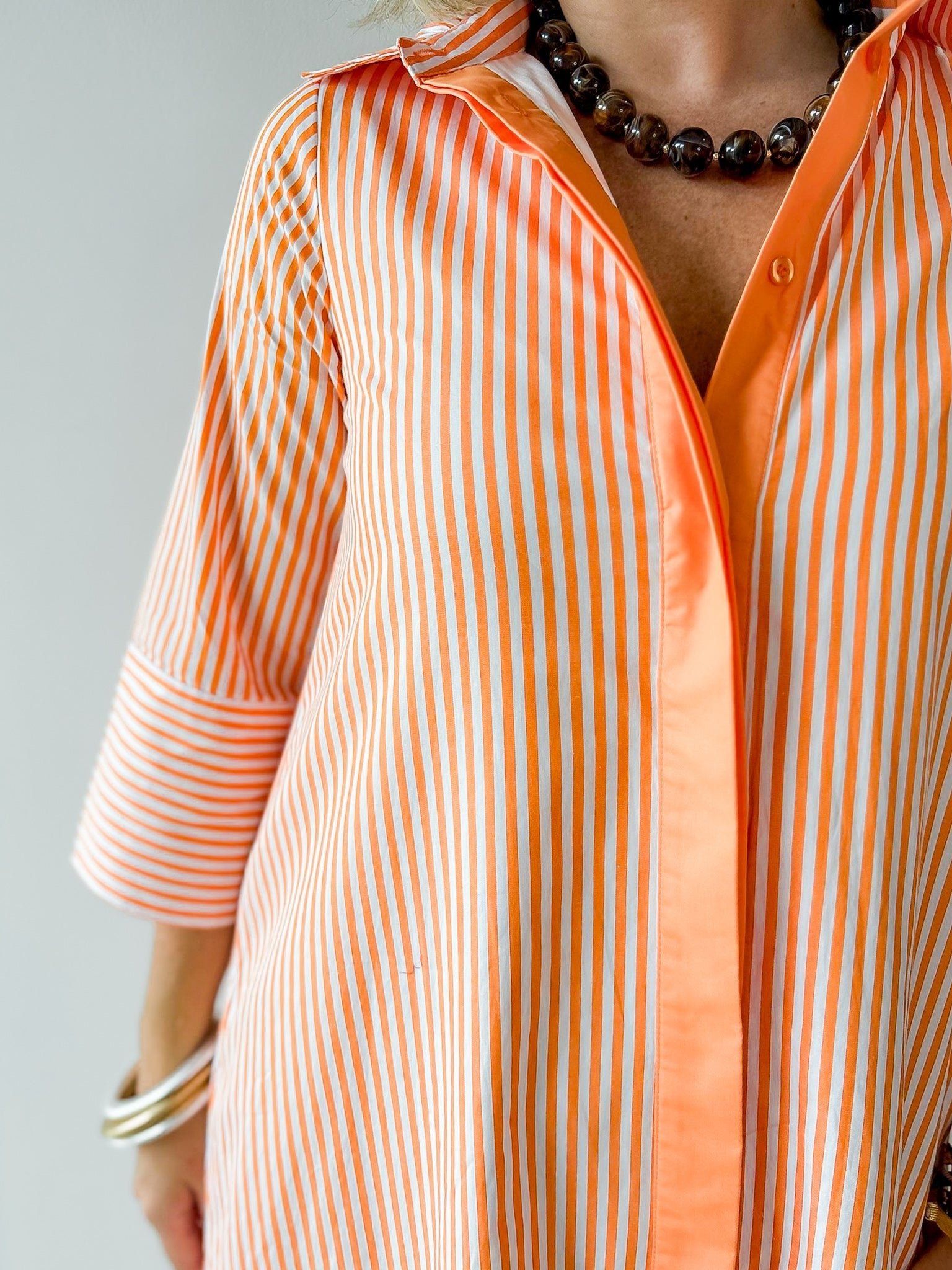 Contrast Striped Midi Shirt Dress - Orange