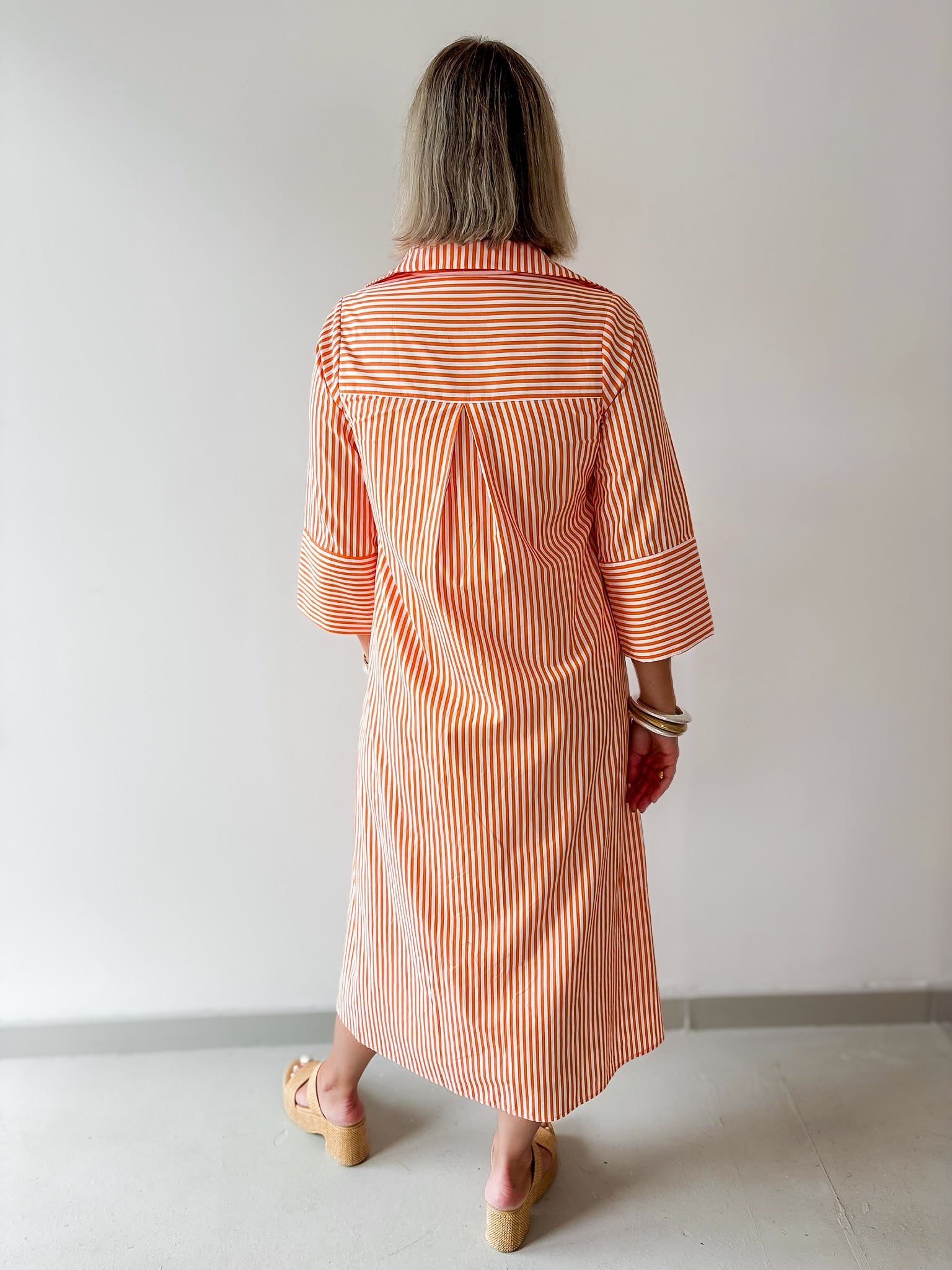 Contrast Striped Midi Shirt Dress - Orange