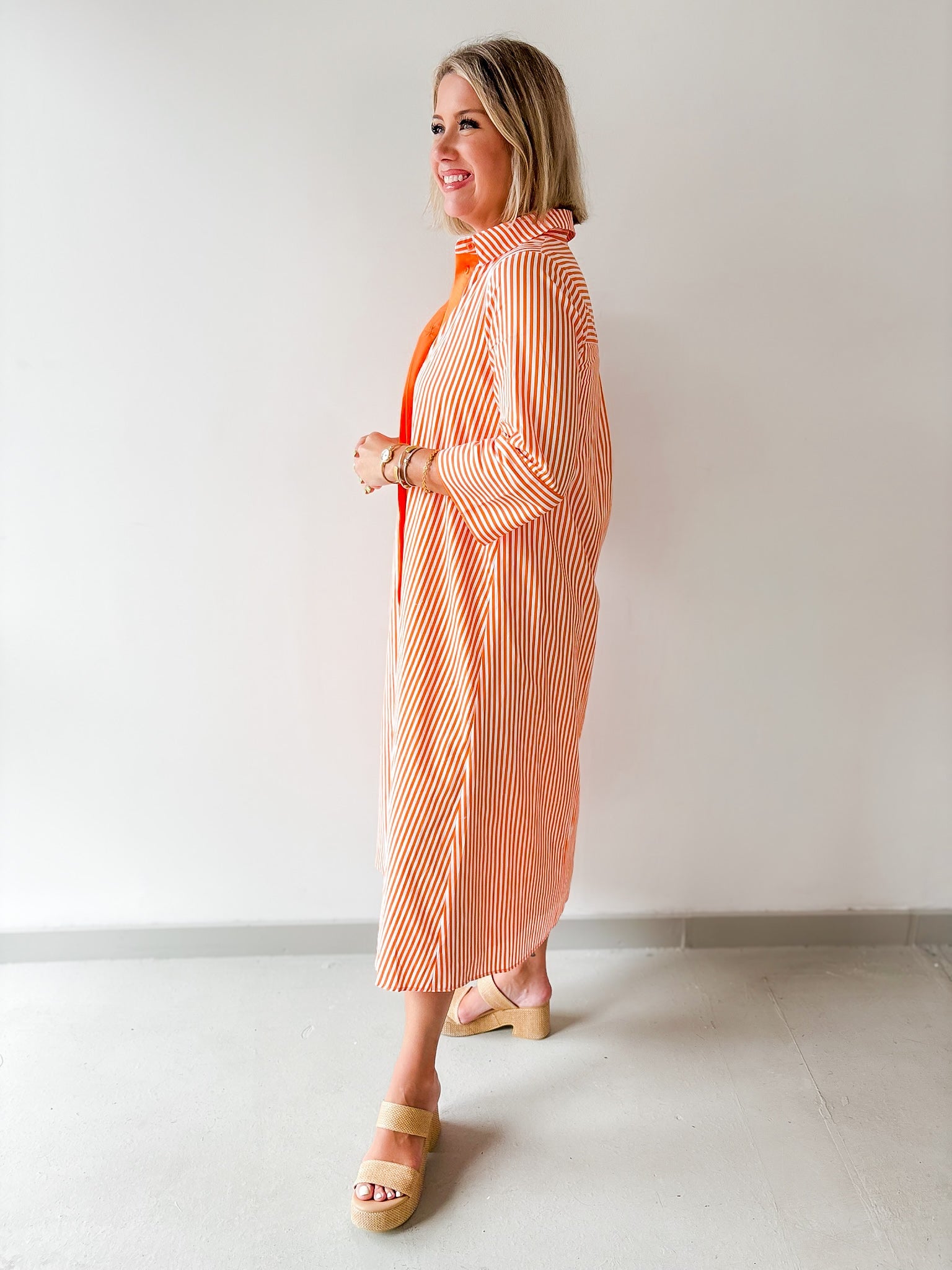Contrast Striped Midi Shirt Dress - Orange