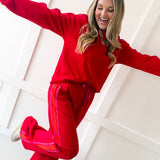 Contrast Trim Crew top & Pant Set - Red