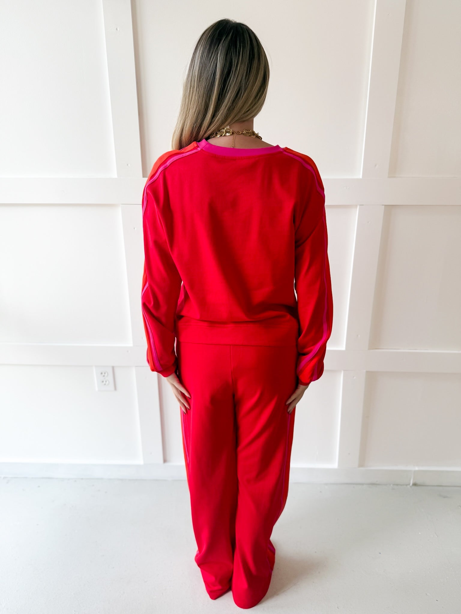 Contrast Trim Crew top & Pant Set - Red