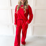 Contrast Trim Crew top & Pant Set - Red