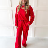 Contrast Trim Crew top & Pant Set - Red