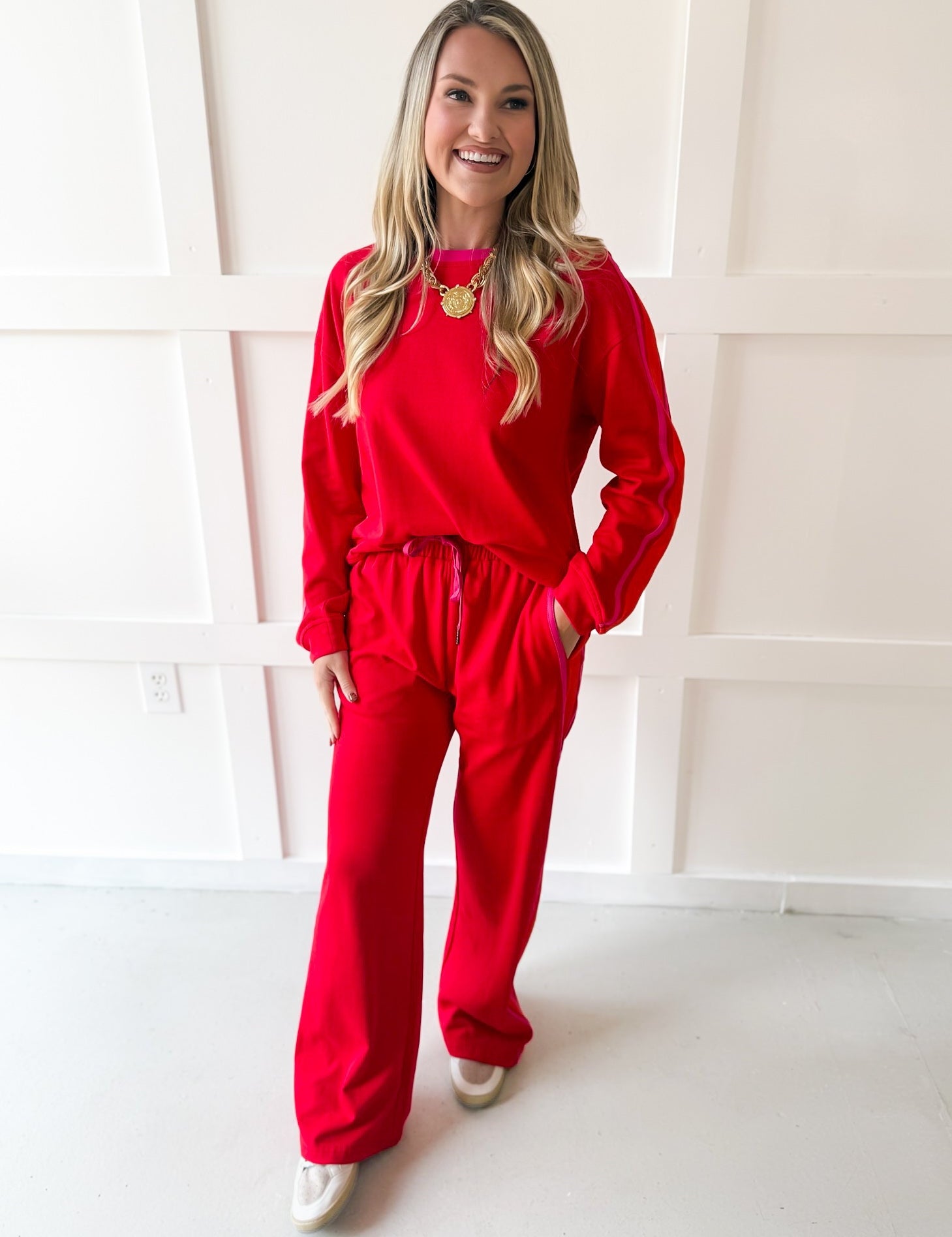 Contrast Trim Crew top & Pant Set - Red