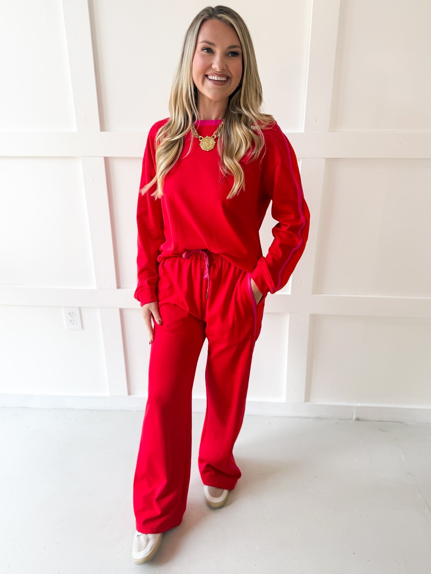 Contrast Trim Crew top & Pant Set - Red