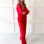 Contrast Trim Crew top & Pant Set - Red