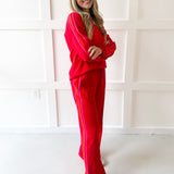 Contrast Trim Crew top & Pant Set - Red