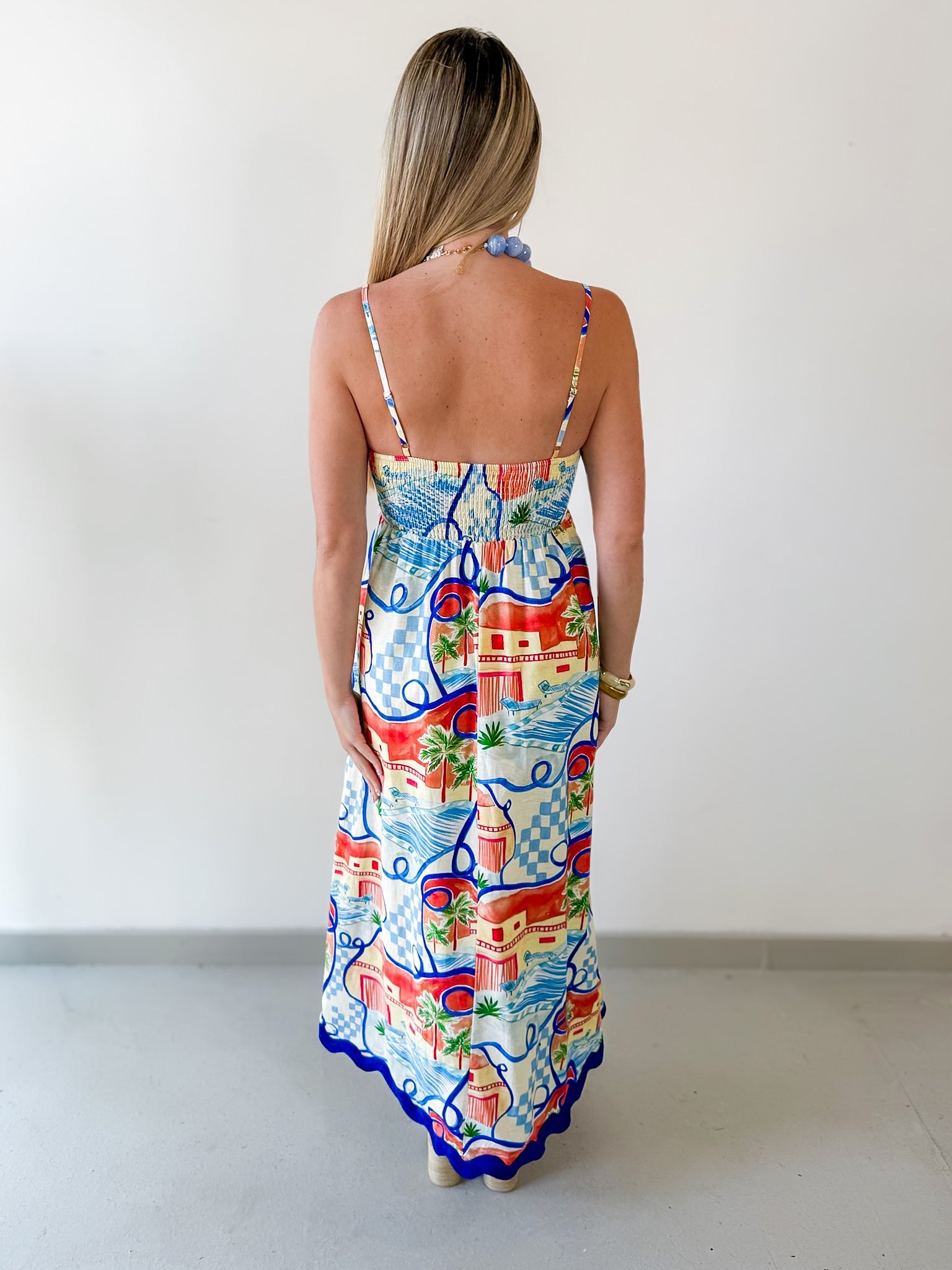 Contrast Trim Printed Midi Dress - Blue