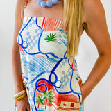 Contrast Trim Printed Midi Dress - Blue