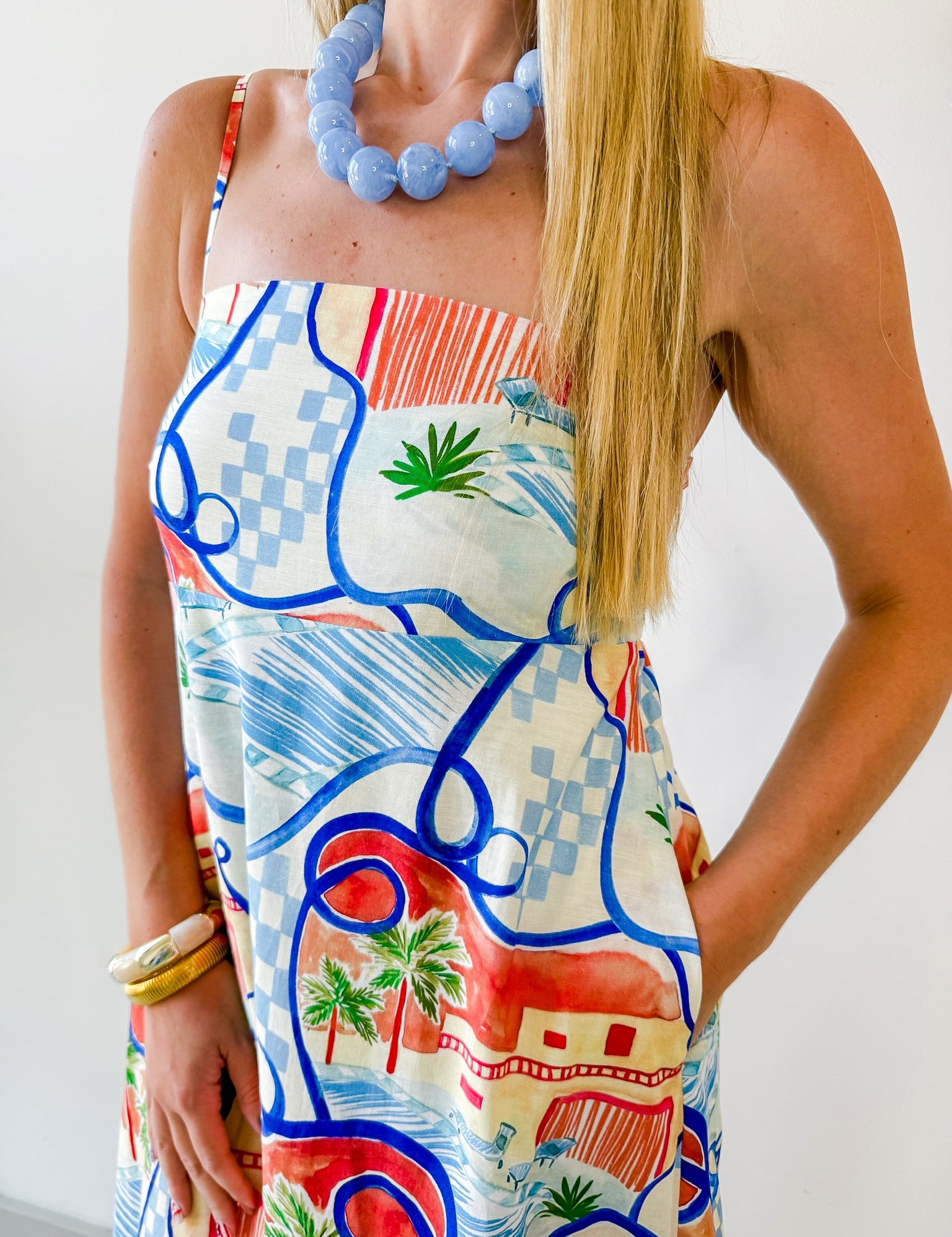 Contrast Trim Printed Midi Dress - Blue