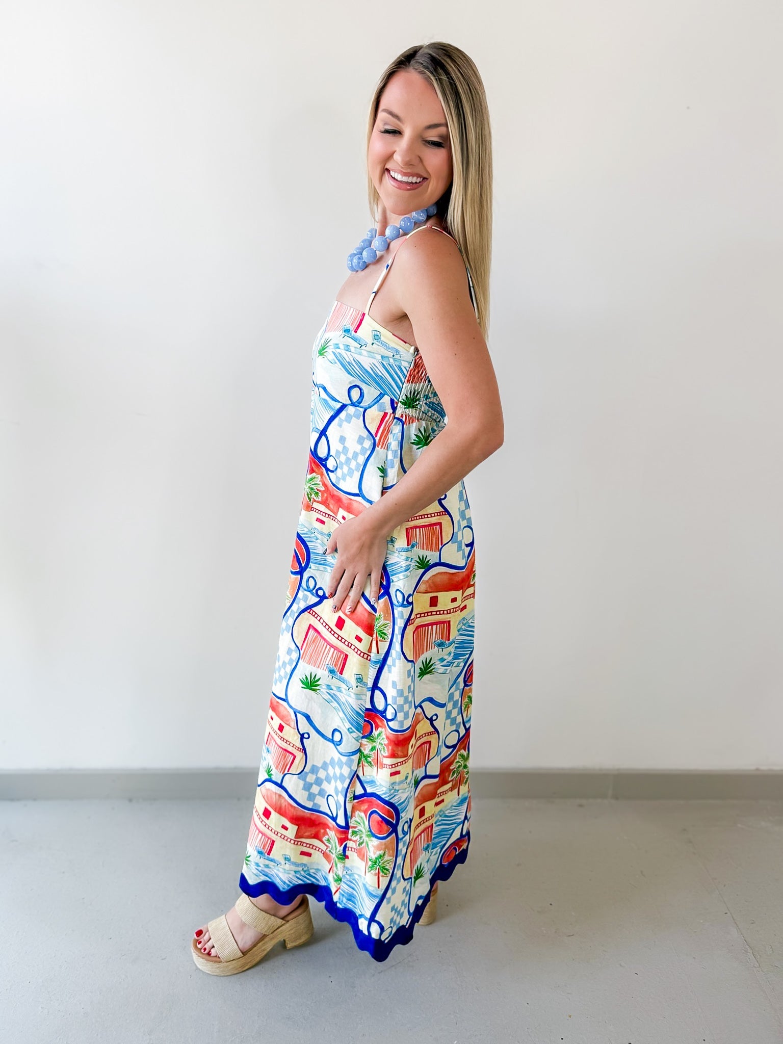 Contrast Trim Printed Midi Dress - Blue