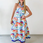 Contrast Trim Printed Midi Dress - Blue