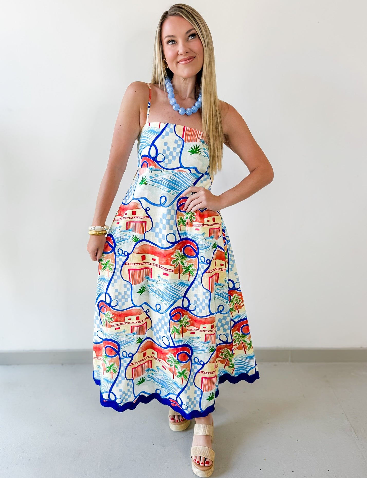 Contrast Trim Printed Midi Dress - Blue