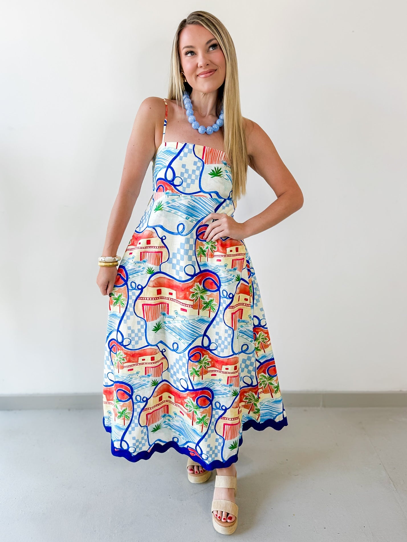 Contrast Trim Printed Midi Dress - Blue