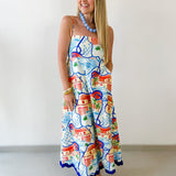Contrast Trim Printed Midi Dress - Blue