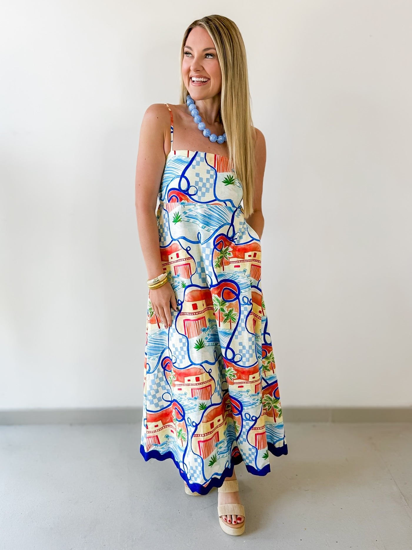 Contrast Trim Printed Midi Dress - Blue