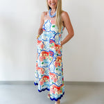 Contrast Trim Printed Midi Dress - Blue