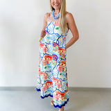 Contrast Trim Printed Midi Dress - Blue