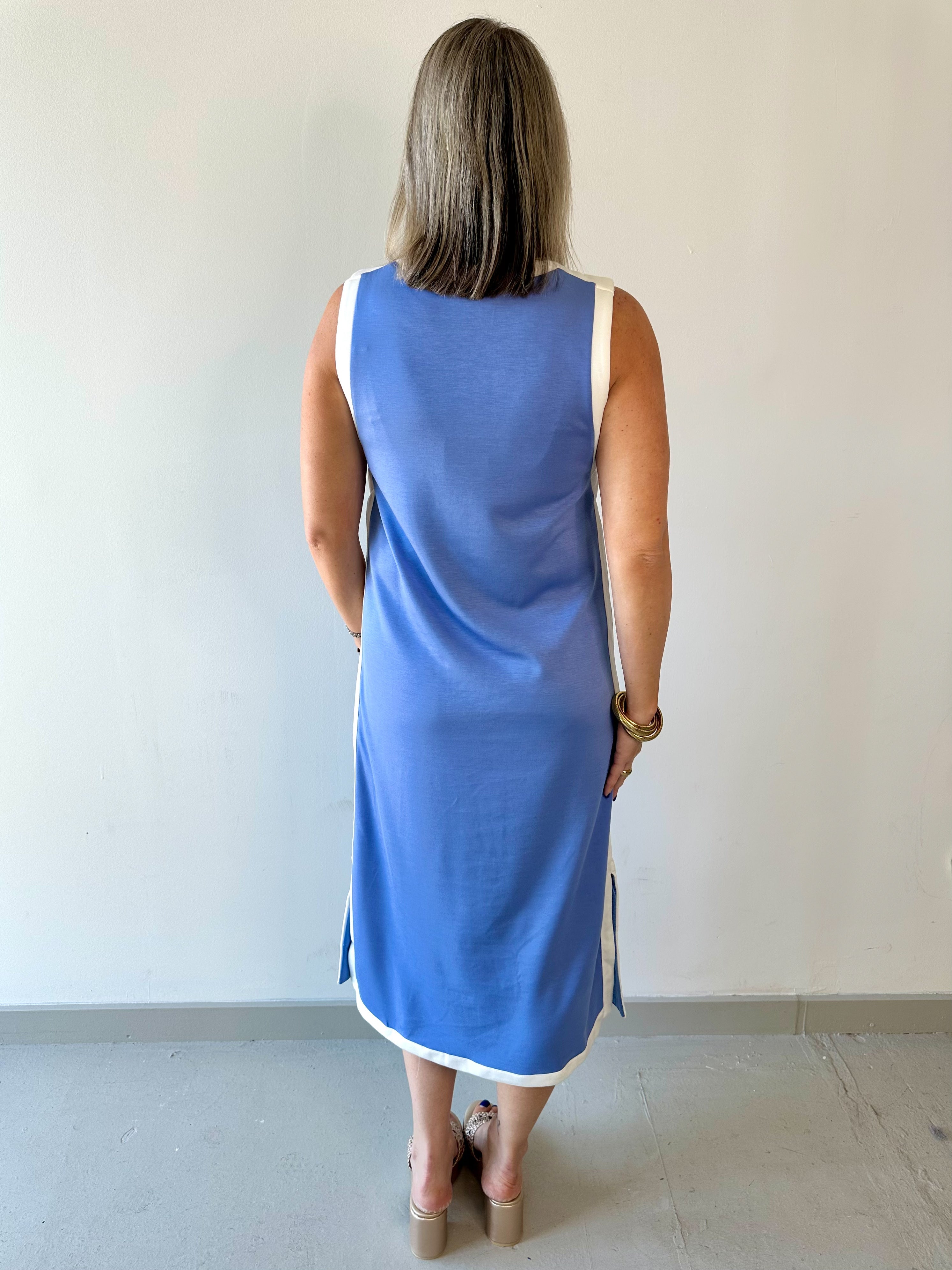 Contrast Trim Round Neck Dress - Chambray