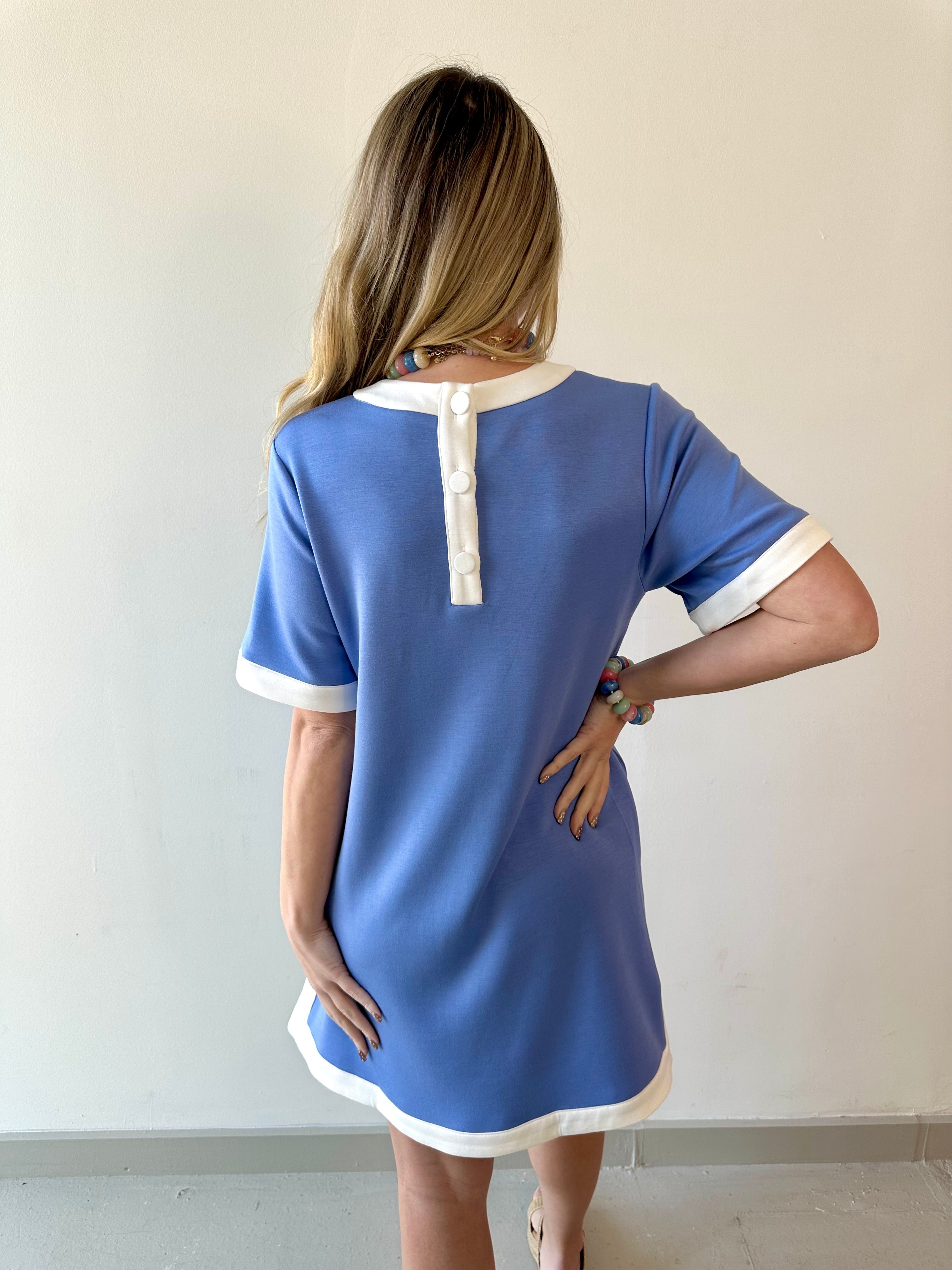 Contrast Trim Round Neck Dress - Chambray