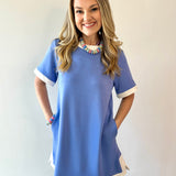 Contrast Trim Round Neck Dress - Chambray