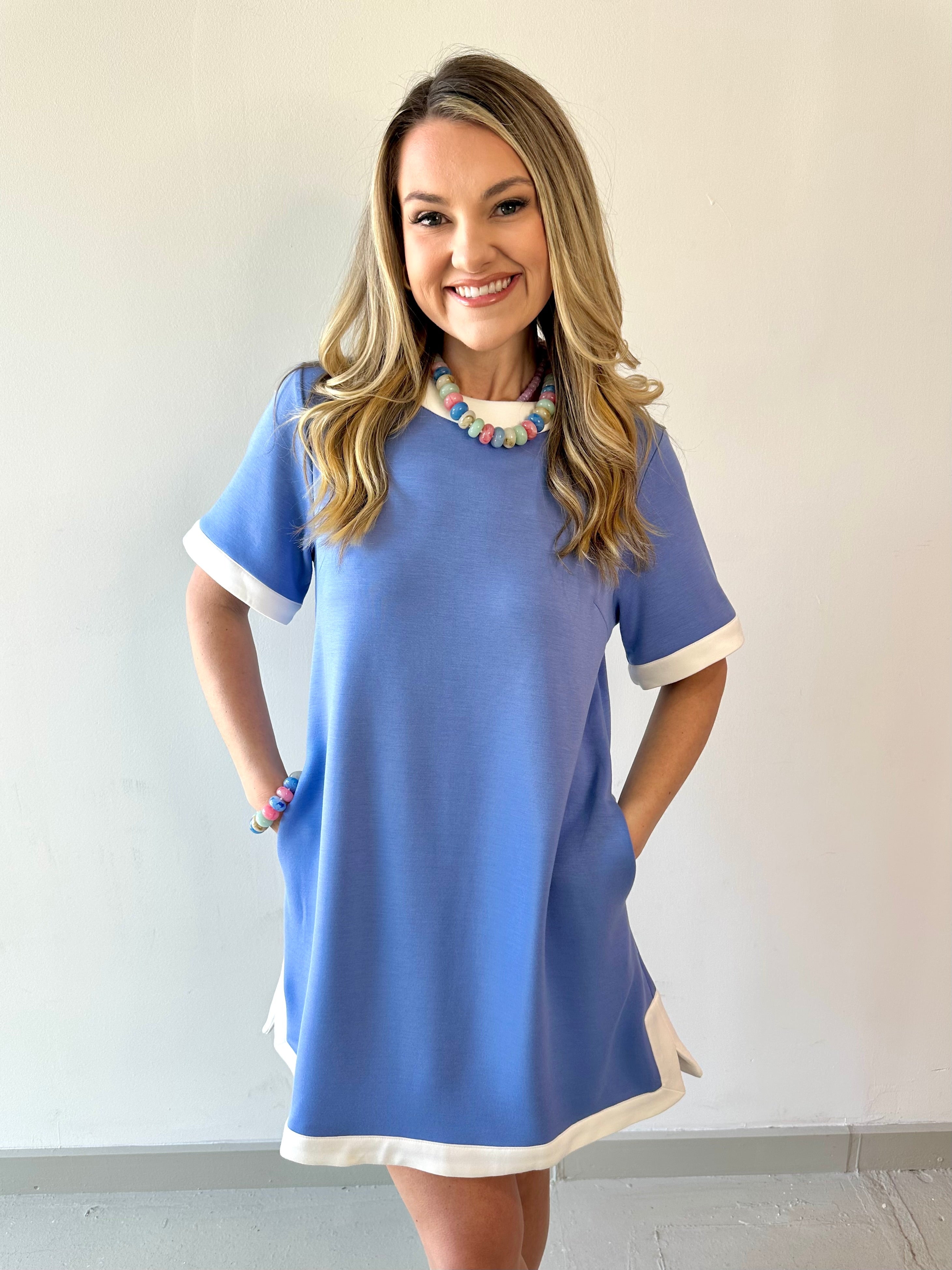 Contrast Trim Round Neck Dress - Chambray