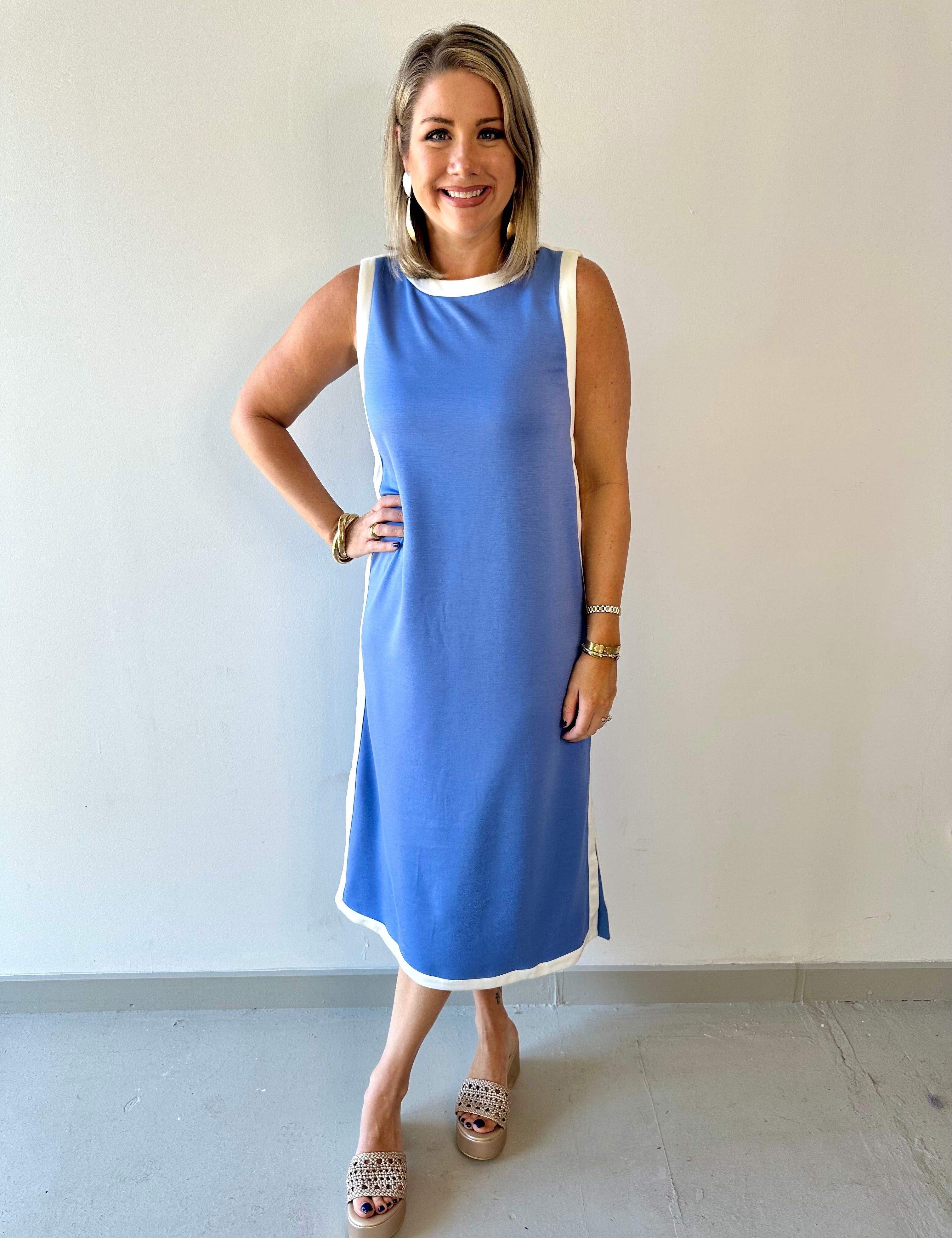 Contrast Trim Round Neck Dress - Chambray