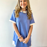 Contrast Trim Round Neck Dress - Chambray