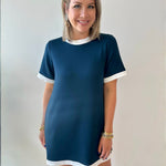 Contrast Trim Round Neck Dress - Navy